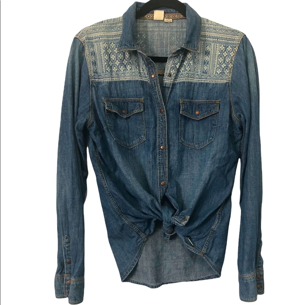 Roxy Denim Snap Button Aztec Long Sleeve Shirt, L
